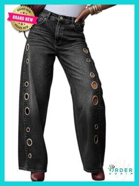 Wide Leg Ripped Jeans with Metal Eyelet Cutout High Waisted Baggy Y2K Denim